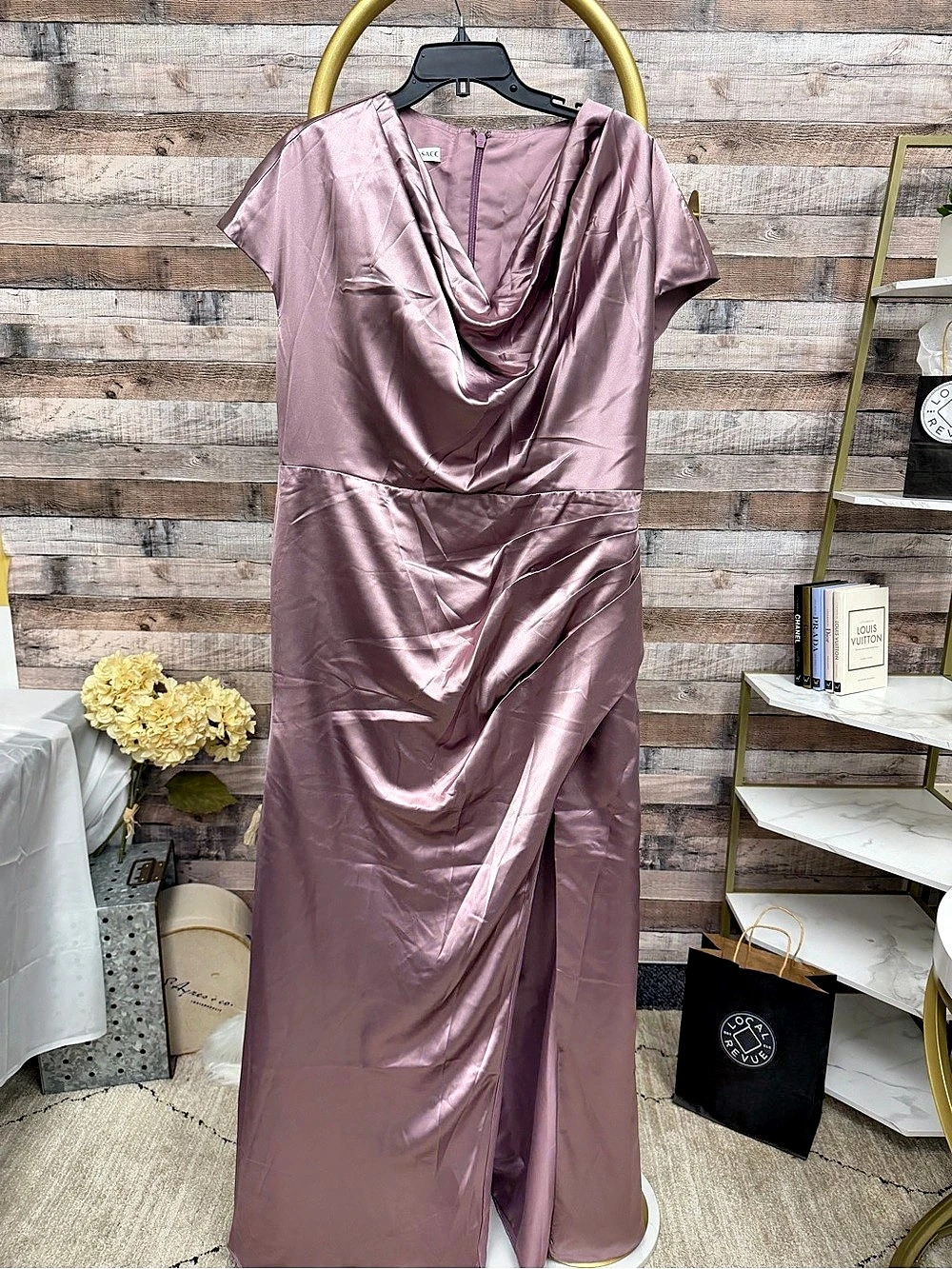 Missacc Pink Satin Formal Floor Length Dress w/ Side Slit NWT